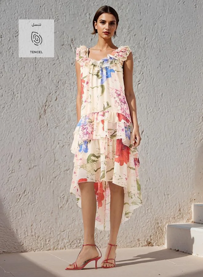 Iconic Iconic Floral Print Sleeveless Dress with Scoop Neck and Ruffle Detail